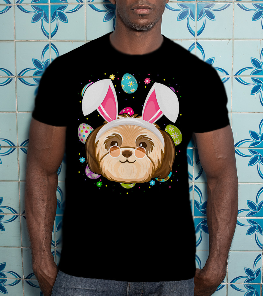Easter Egg Lover Bunny Ear Shih Tzu Dog Face Easter T-Shirt