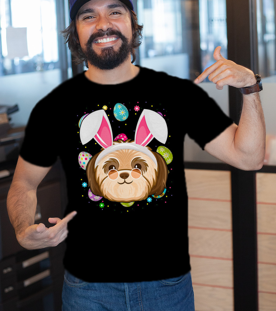 Easter Egg Lover Bunny Ear Shih Tzu Dog Face Easter T-Shirt