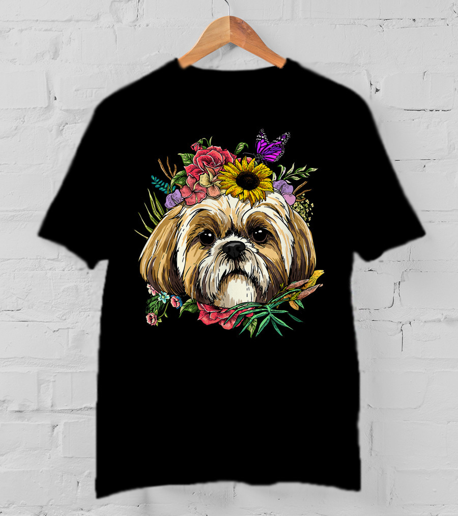 Floral Shih Tzu Dog With Butterfly And Spring Flowers For Nature And Shih Tzu Lovers T-Shirt