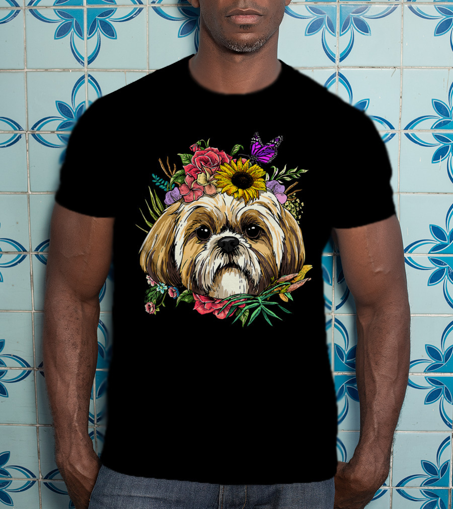 Floral Shih Tzu Dog With Butterfly And Spring Flowers For Nature And Shih Tzu Lovers T-Shirt
