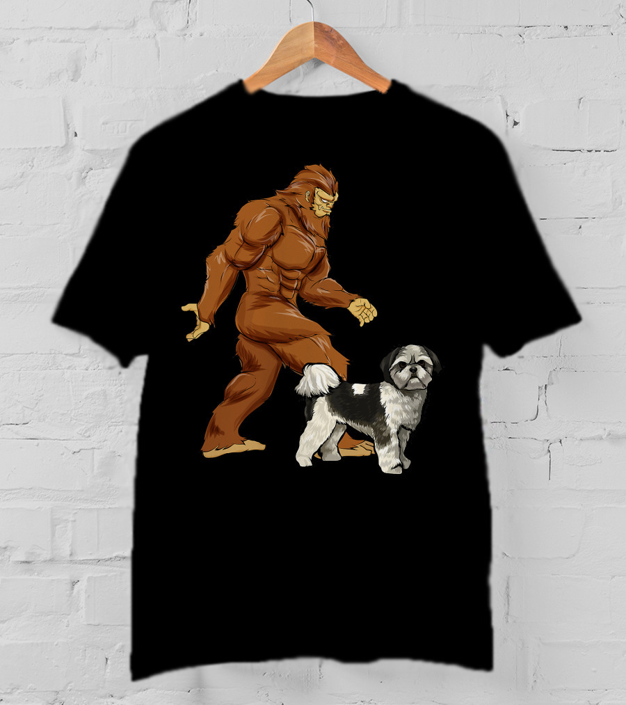 Funny Bigfoot Walking Shih Tzu Sasquatch Dog Comic T-Shirt
