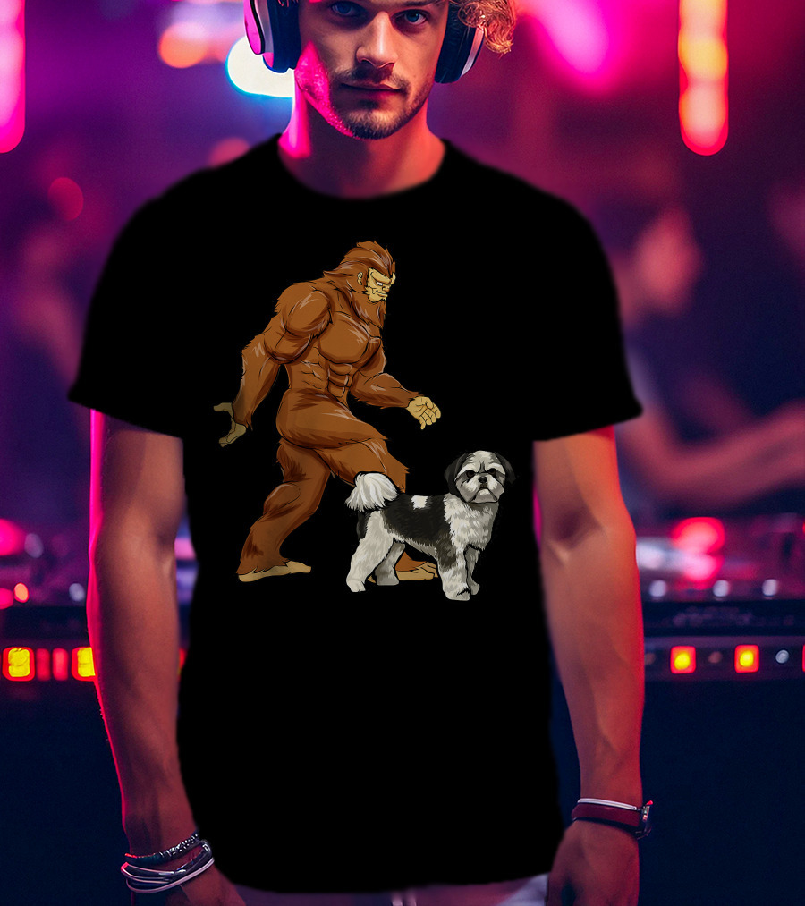 Funny Bigfoot Walking Shih Tzu Sasquatch Dog Comic T-Shirt