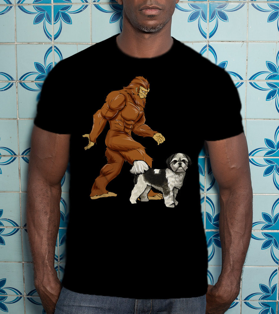 Funny Bigfoot Walking Shih Tzu Sasquatch Dog Comic T-Shirt