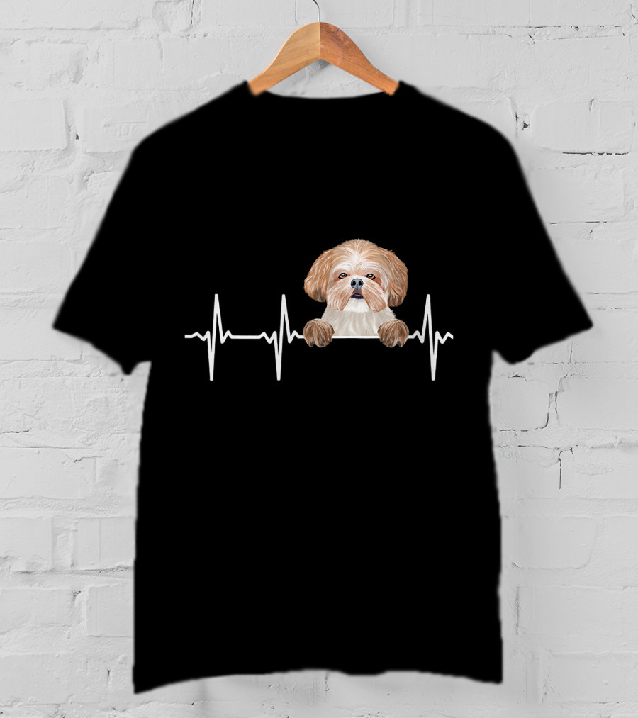 Heartbeat Line With Cute Shih Tzu Illustration For Funny Dog Lovers T-Shirt