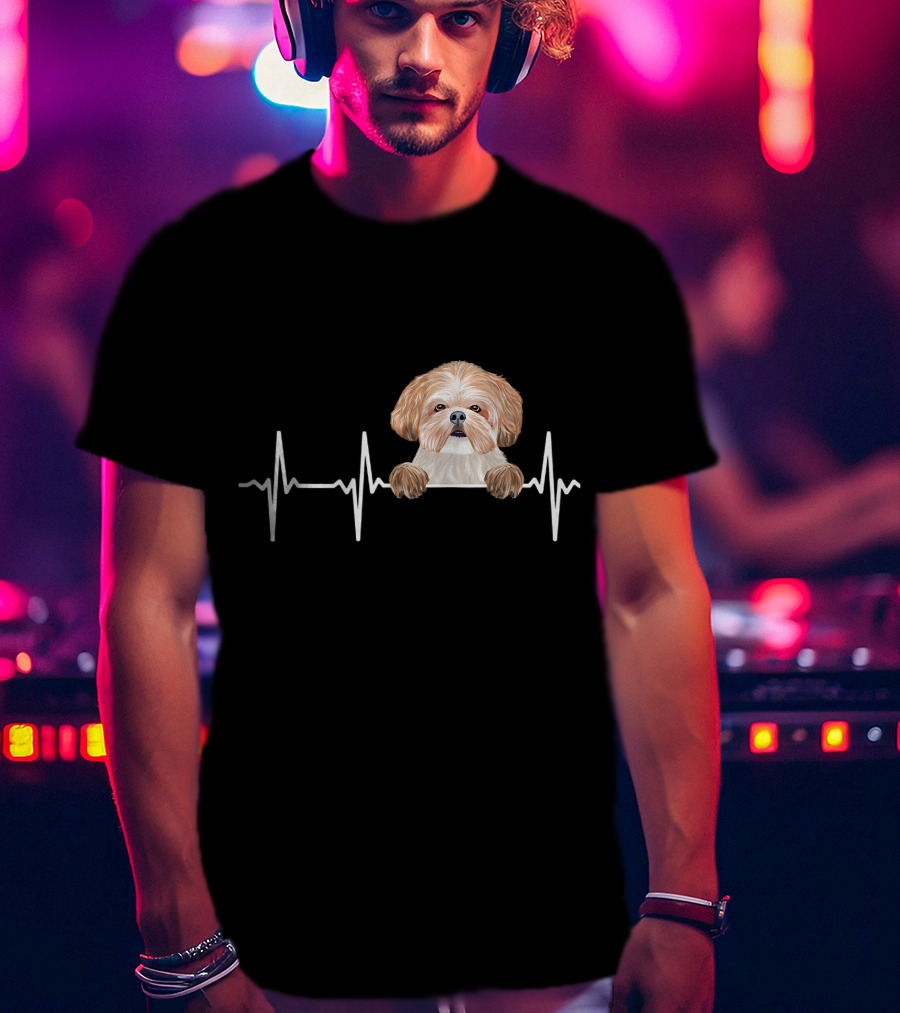 Heartbeat Line With Cute Shih Tzu Illustration For Funny Dog Lovers T-Shirt
