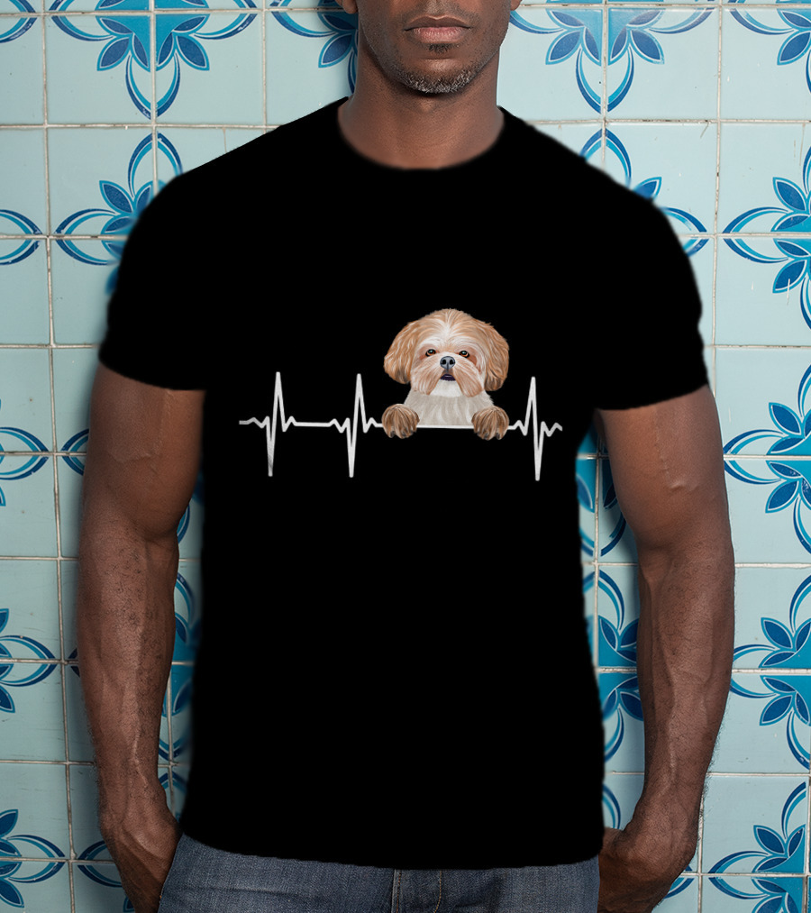 Heartbeat Line With Cute Shih Tzu Illustration For Funny Dog Lovers T-Shirt