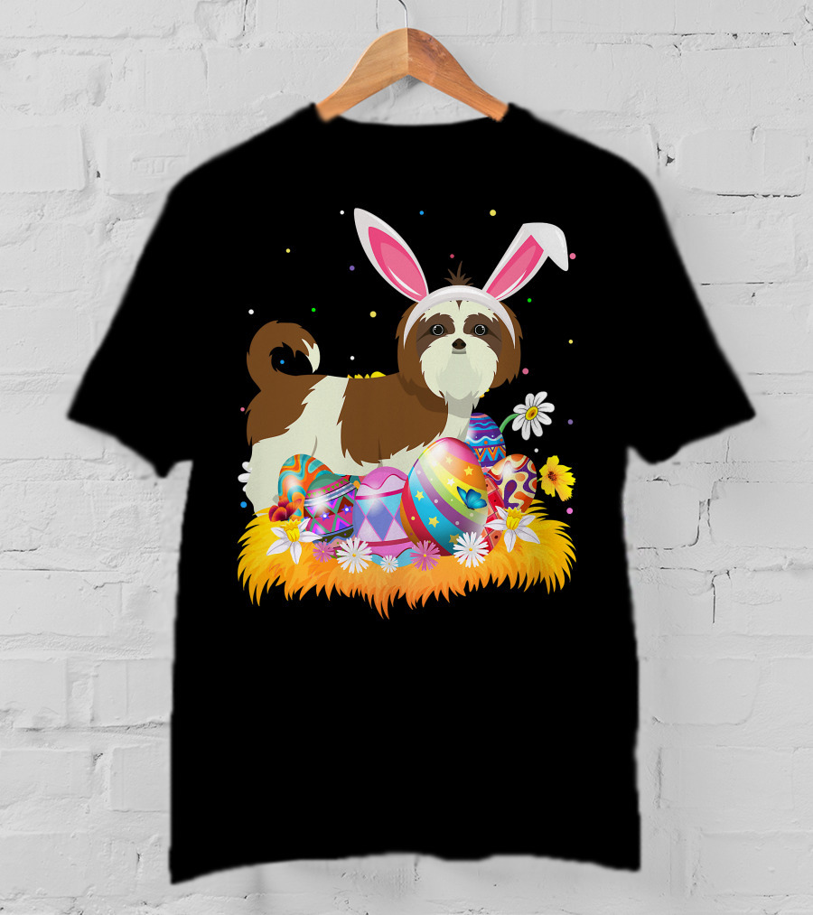 Shih Tzu Bunny Ears With Colorful Easter Eggs And Flowers For Easter Sunday T-Shirt