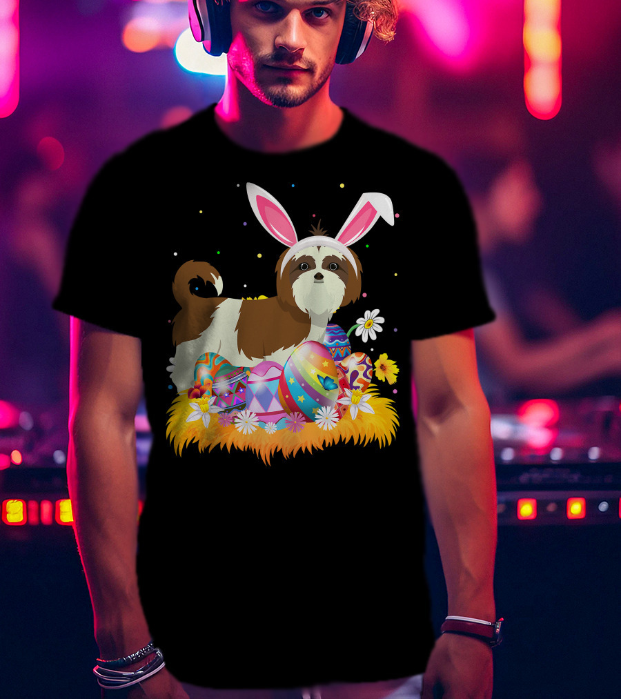 Shih Tzu Bunny Ears With Colorful Easter Eggs And Flowers For Easter Sunday T-Shirt