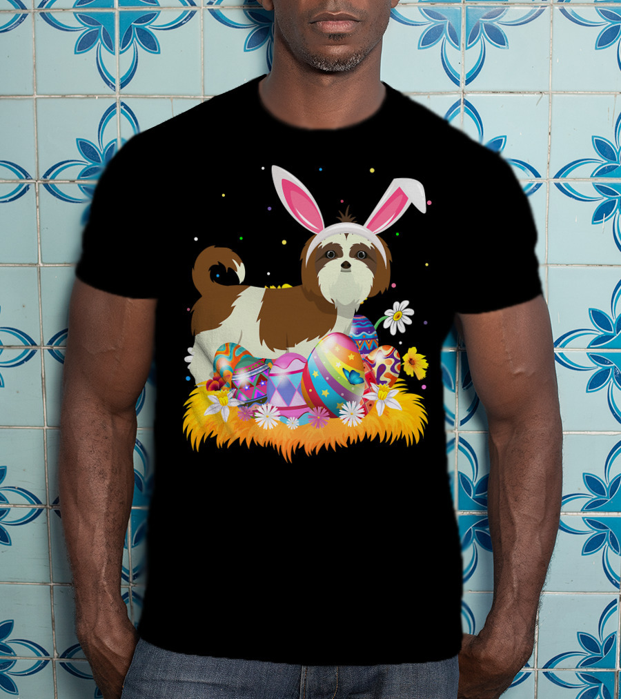 Shih Tzu Bunny Ears With Colorful Easter Eggs And Flowers For Easter Sunday T-Shirt