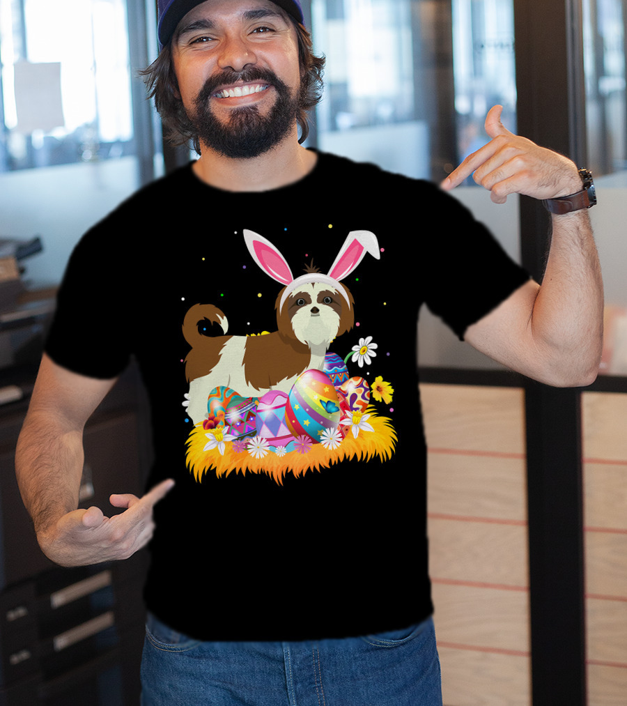 Shih Tzu Bunny Ears With Colorful Easter Eggs And Flowers For Easter Sunday T-Shirt