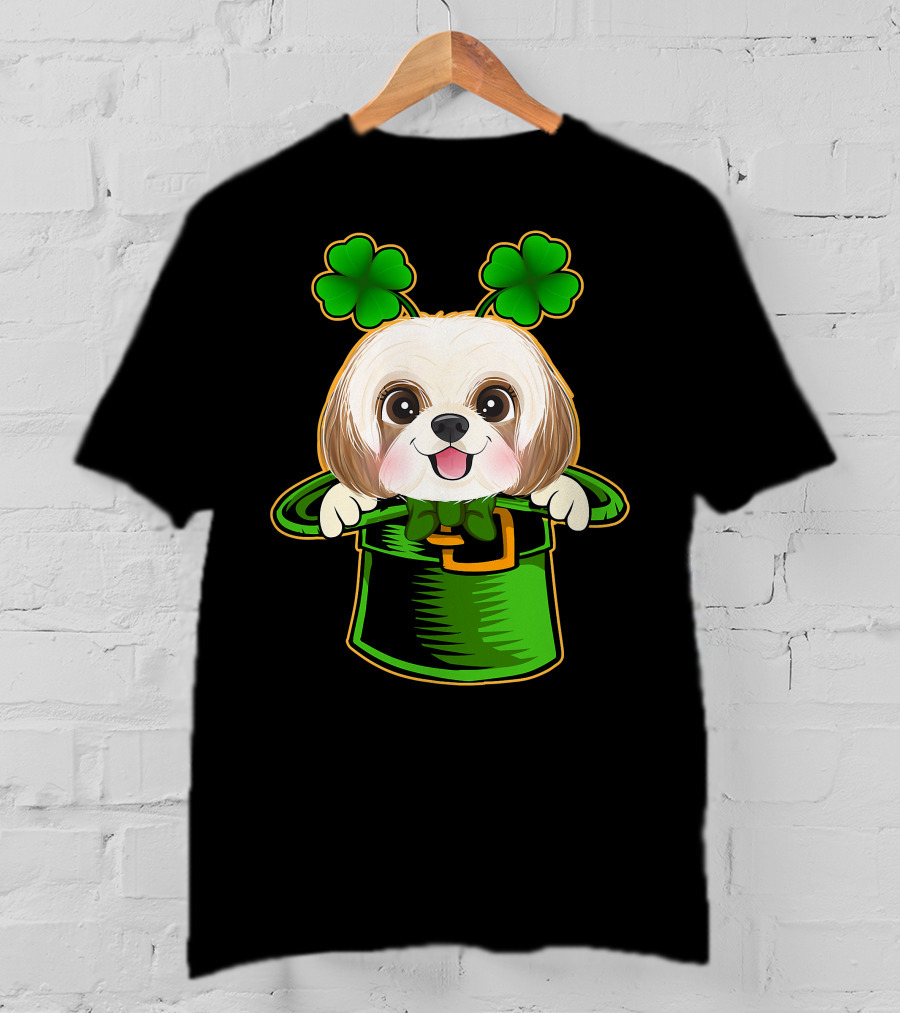 Leprechaun Hat Shih Tzu Dog With Green Clover Antennae T-Shirt