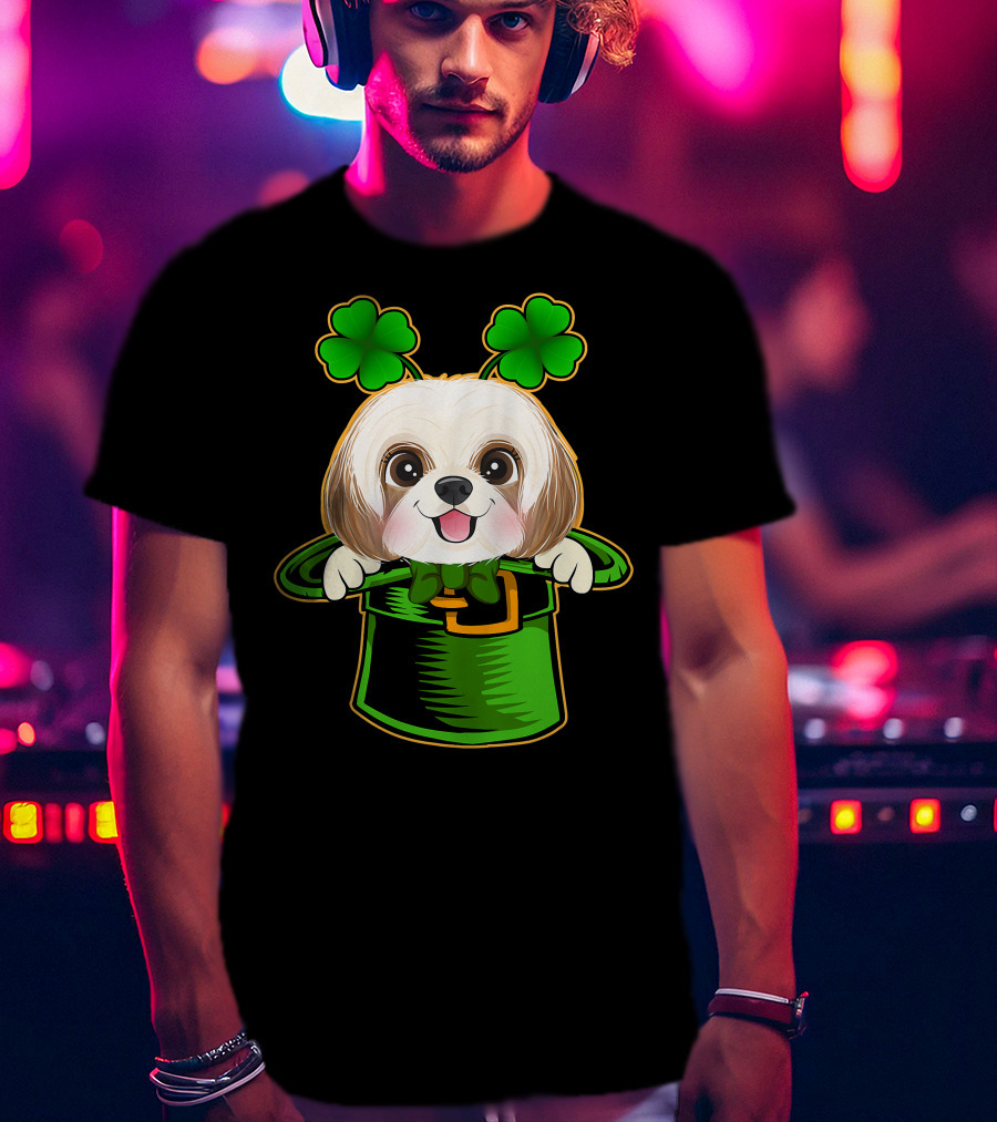 Leprechaun Hat Shih Tzu Dog With Green Clover Antennae T-Shirt