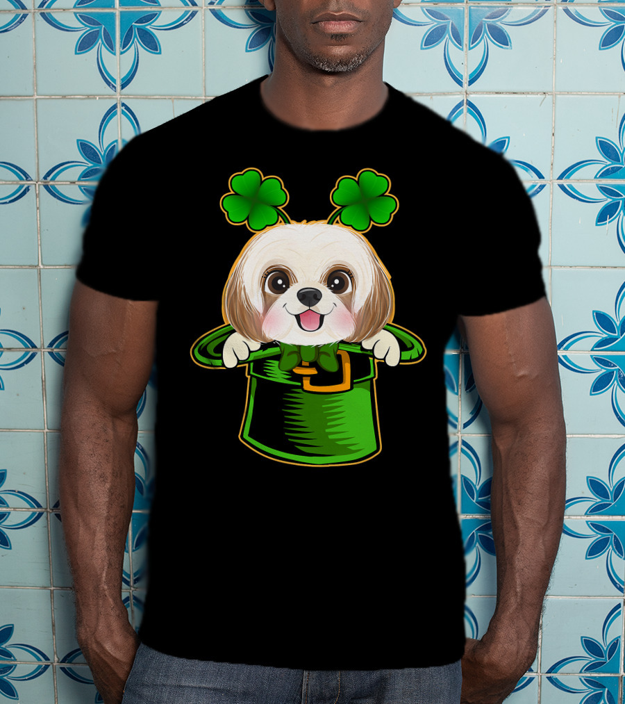 Leprechaun Hat Shih Tzu Dog With Green Clover Antennae T-Shirt