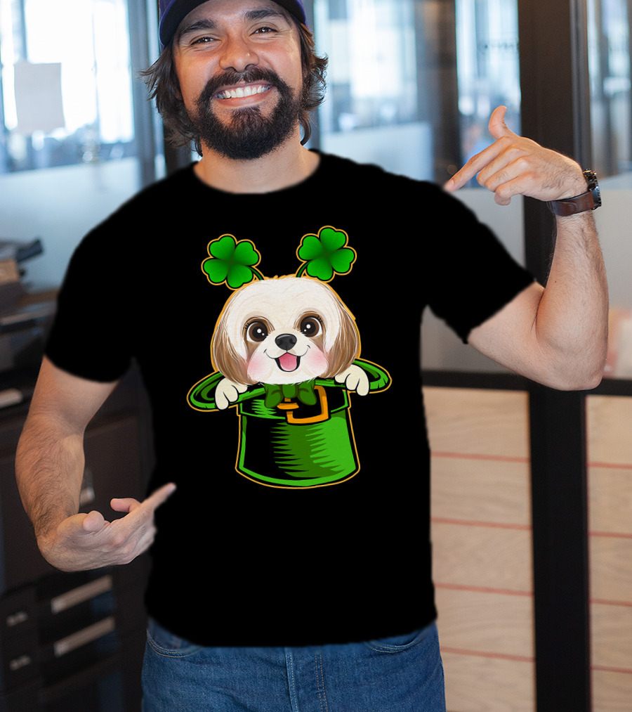 Leprechaun Hat Shih Tzu Dog With Green Clover Antennae T-Shirt