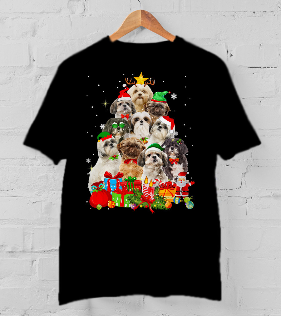 Shih Tzu Christmas Tree With Holiday Lights And Puppy Dogs T-Shirt