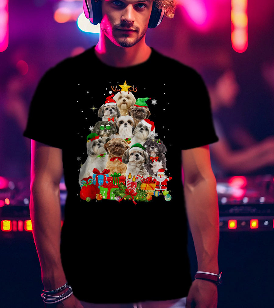 Shih Tzu Christmas Tree With Holiday Lights And Puppy Dogs T-Shirt