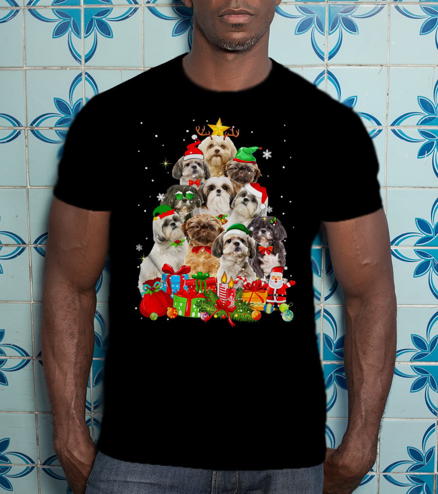 Shih Tzu Christmas Tree With Holiday Lights And Puppy Dogs T-Shirt