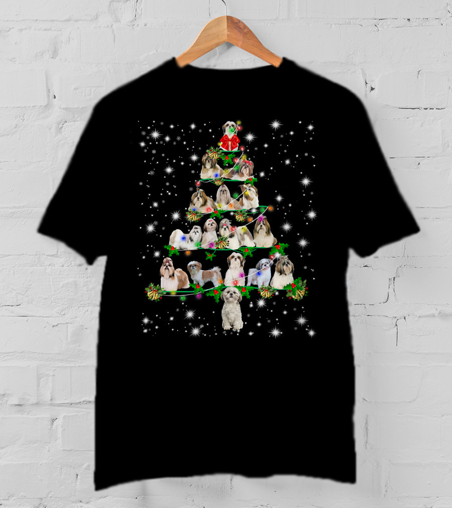Shih Tzu Christmas Tree Ornament Decor With Dogs In Festive Holiday T-Shirt