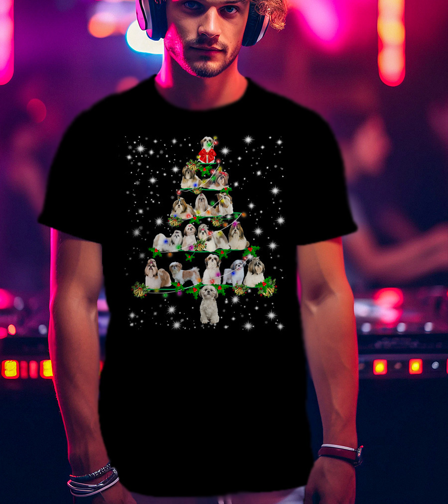 Shih Tzu Christmas Tree Ornament Decor With Dogs In Festive Holiday T-Shirt