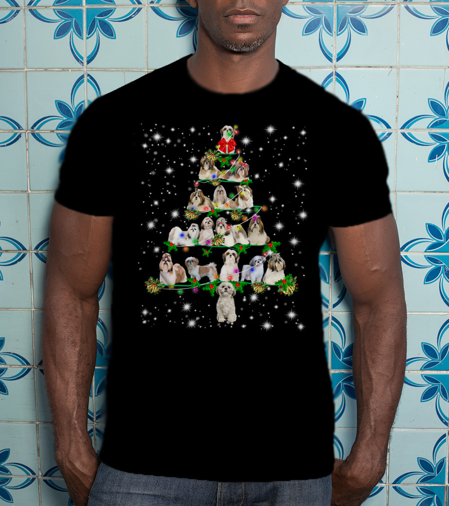 Shih Tzu Christmas Tree Ornament Decor With Dogs In Festive Holiday T-Shirt