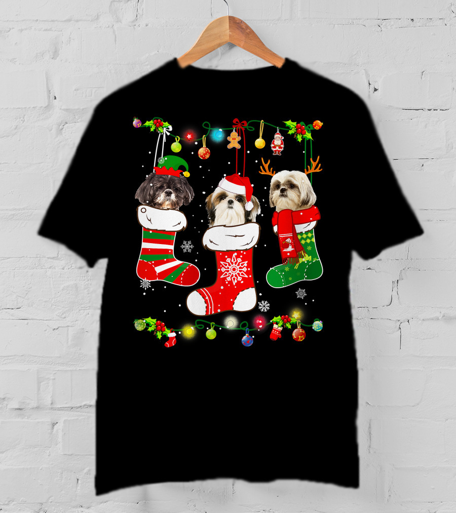 Shih Tzu Dogs In Christmas Stockings With Santa Hats And Christmas Lights T-Shirt