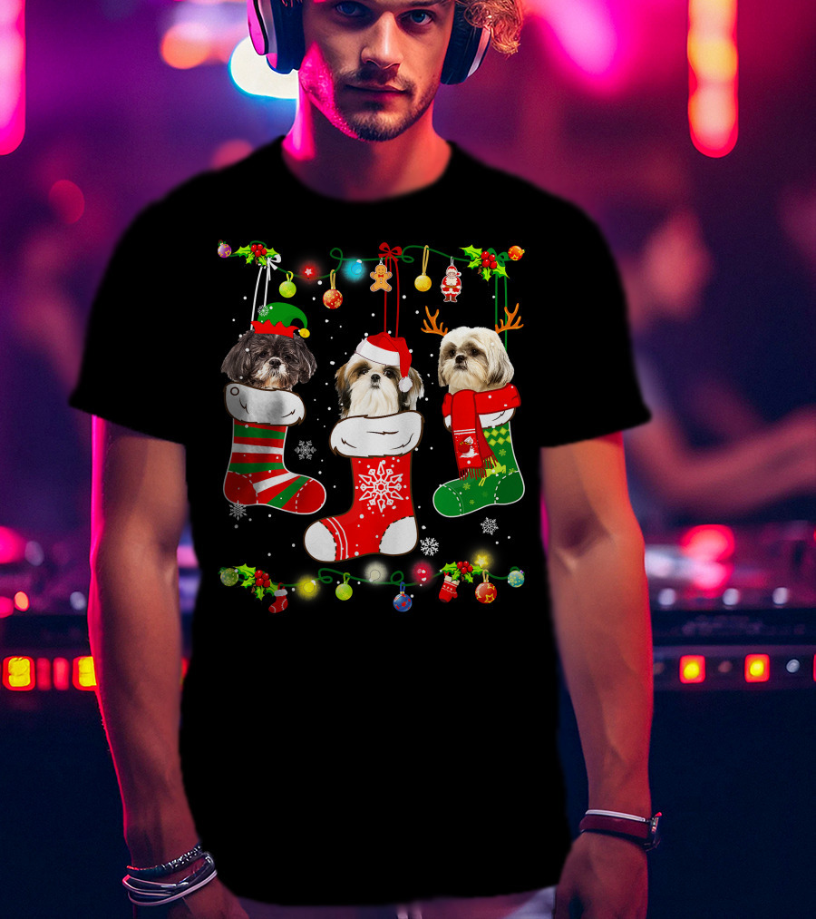 Shih Tzu Dogs In Christmas Stockings With Santa Hats And Christmas Lights T-Shirt