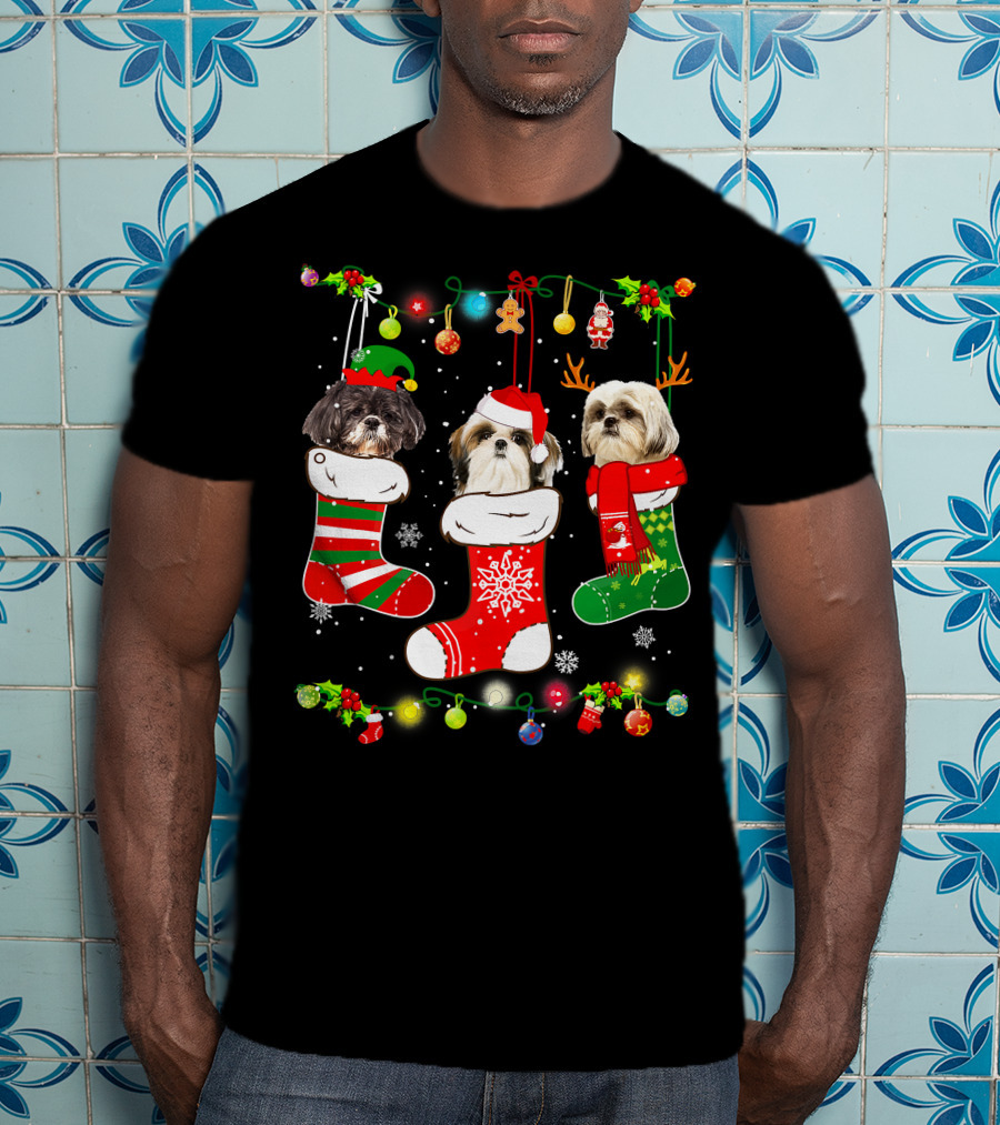 Shih Tzu Dogs In Christmas Stockings With Santa Hats And Christmas Lights T-Shirt