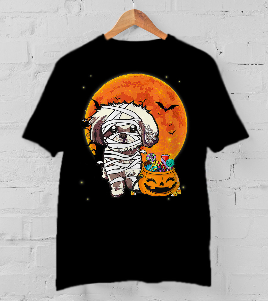 Shih Tzu Mummy Halloween Costume With Pumpkin Candy Bucket And Full Moon T-Shirt