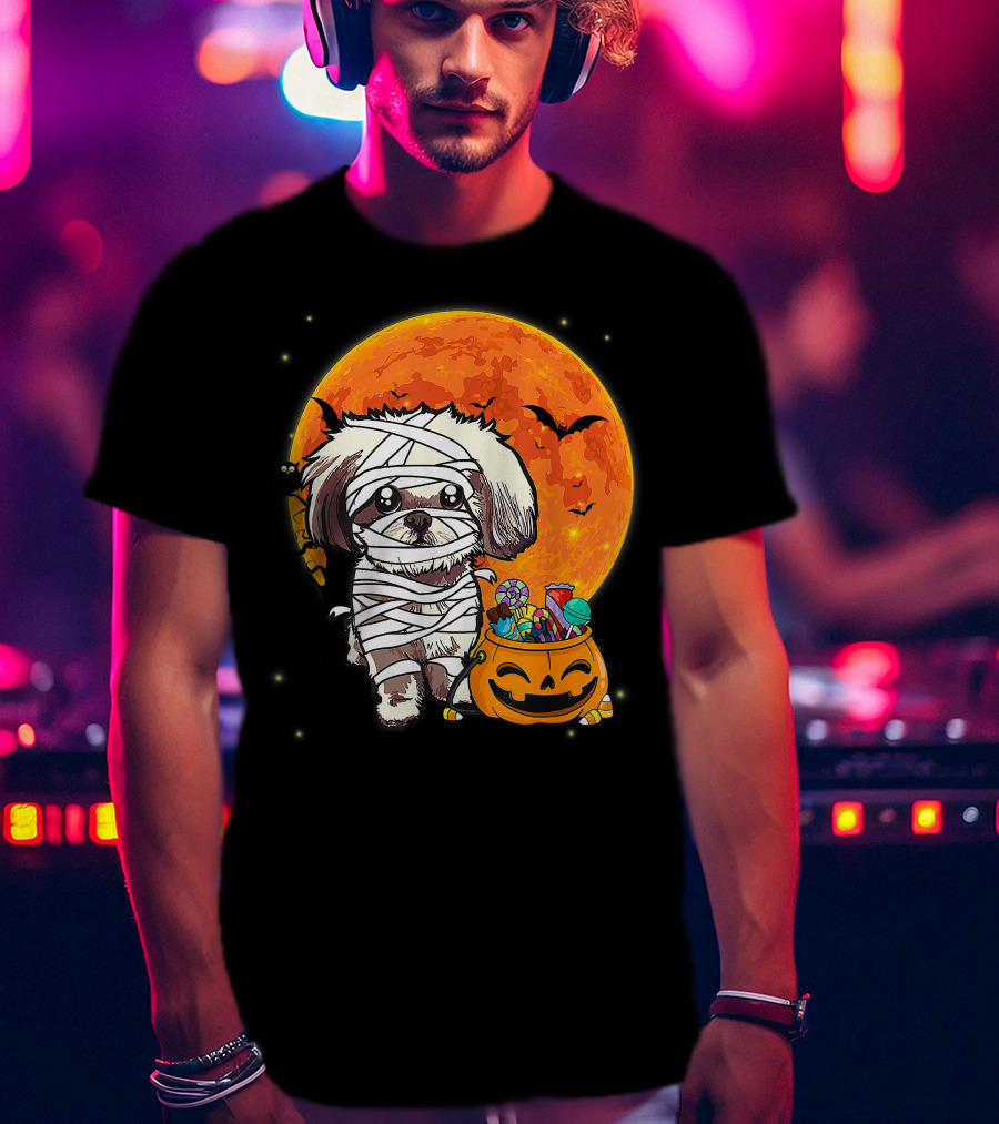 Shih Tzu Mummy Halloween Costume With Pumpkin Candy Bucket And Full Moon T-Shirt