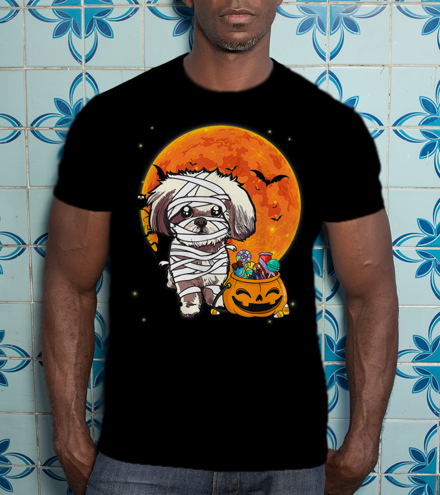 Shih Tzu Mummy Halloween Costume With Pumpkin Candy Bucket And Full Moon T-Shirt