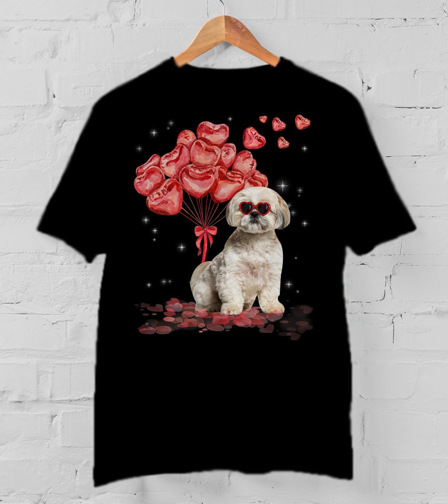 Shih Tzu Heart Balloons Funny Valentines Day Dog Dad Mom T-Shirt