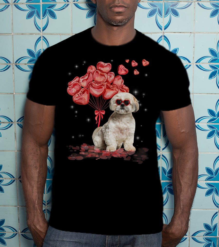 Shih Tzu Heart Balloons Funny Valentines Day Dog Dad Mom T-Shirt