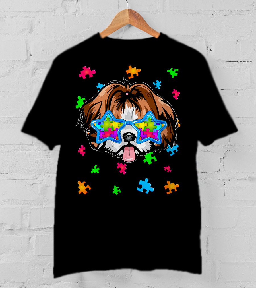 Funny Shih Tzu Star Glasses Puzzle Autism Awareness T-Shirt