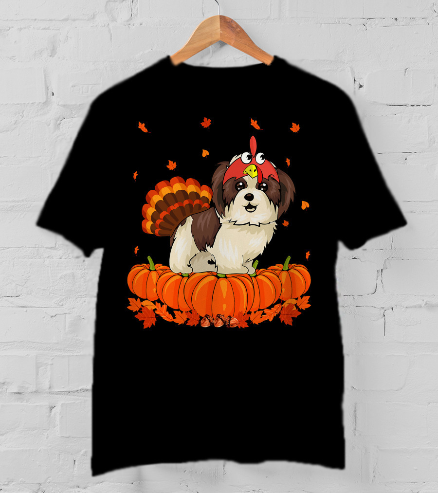 Shih Tzu Dressed As Turkey With Pumpkins And Autumn Leaves Thanksgiving Fun T-Shirt