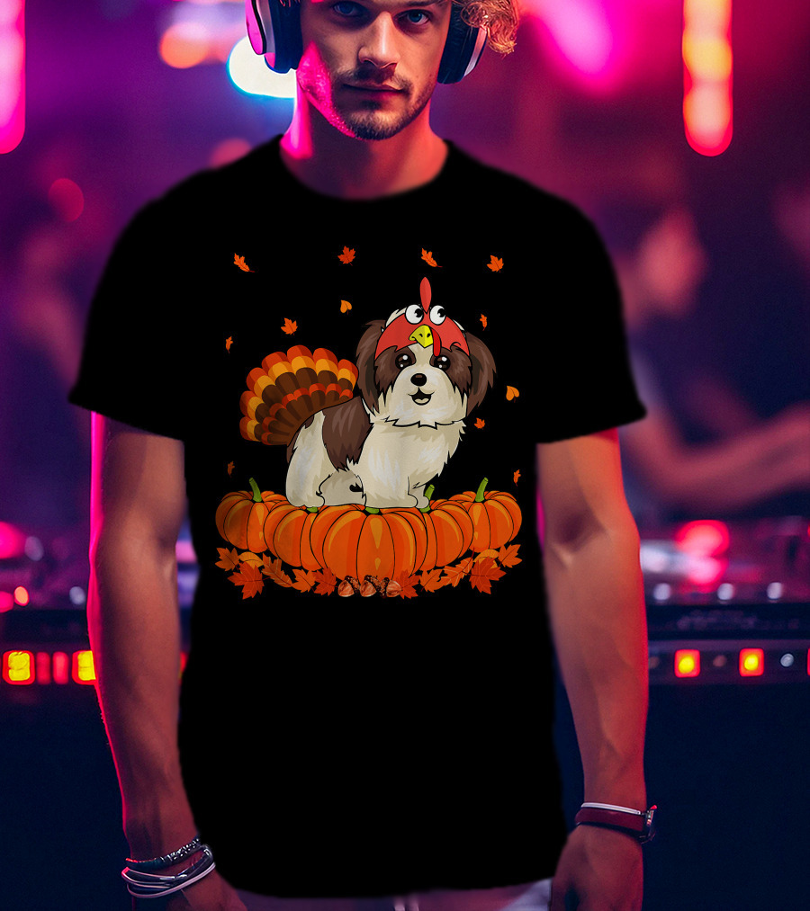 Shih Tzu Dressed As Turkey With Pumpkins And Autumn Leaves Thanksgiving Fun T-Shirt