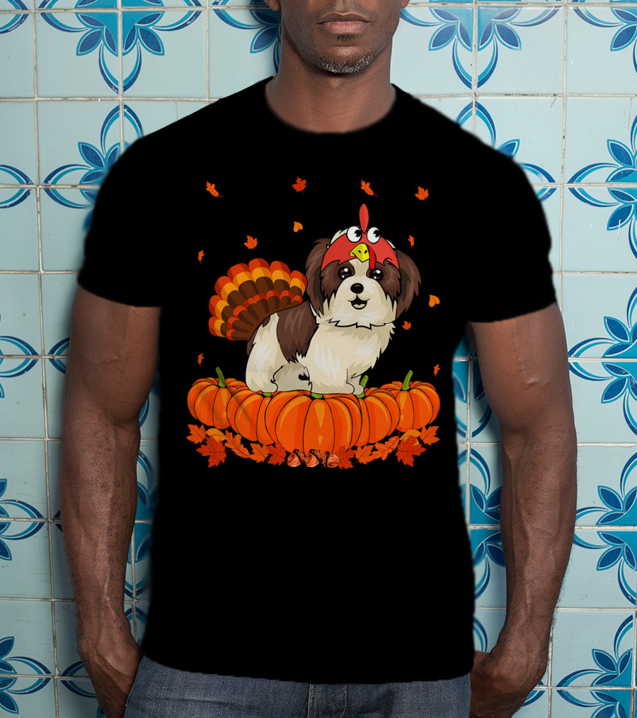 Shih Tzu Dressed As Turkey With Pumpkins And Autumn Leaves Thanksgiving Fun T-Shirt