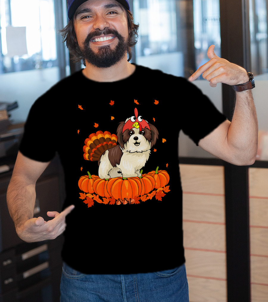 Shih Tzu Dressed As Turkey With Pumpkins And Autumn Leaves Thanksgiving Fun T-Shirt