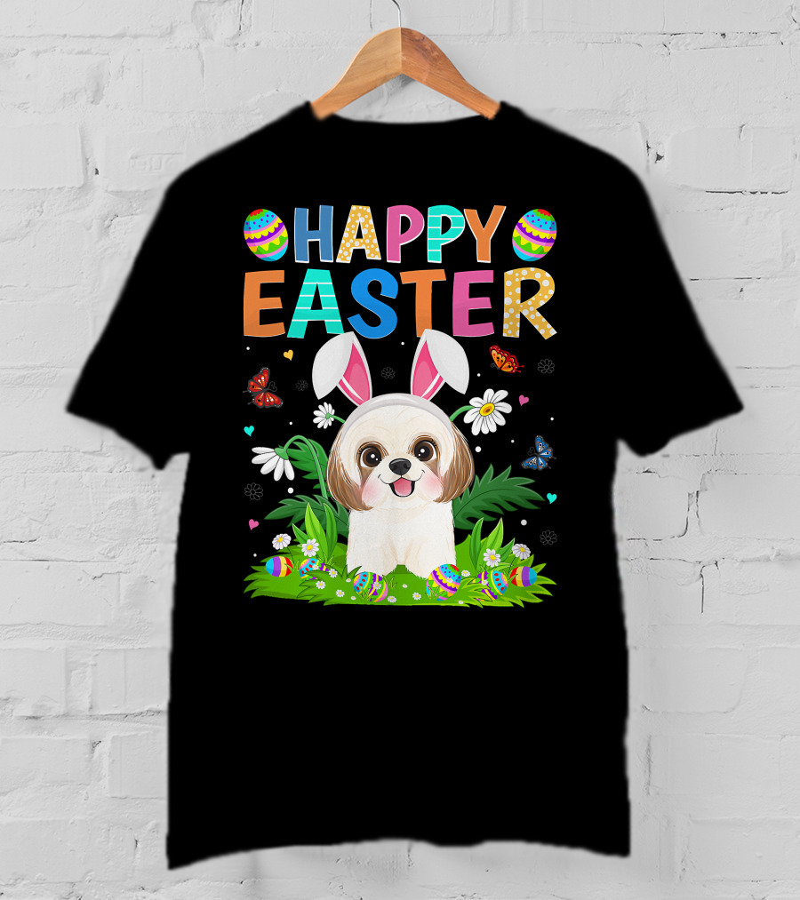 Happy Easter Bunny Shih Tzu Dog With Easter Eggs And Butterflies T-Shirt