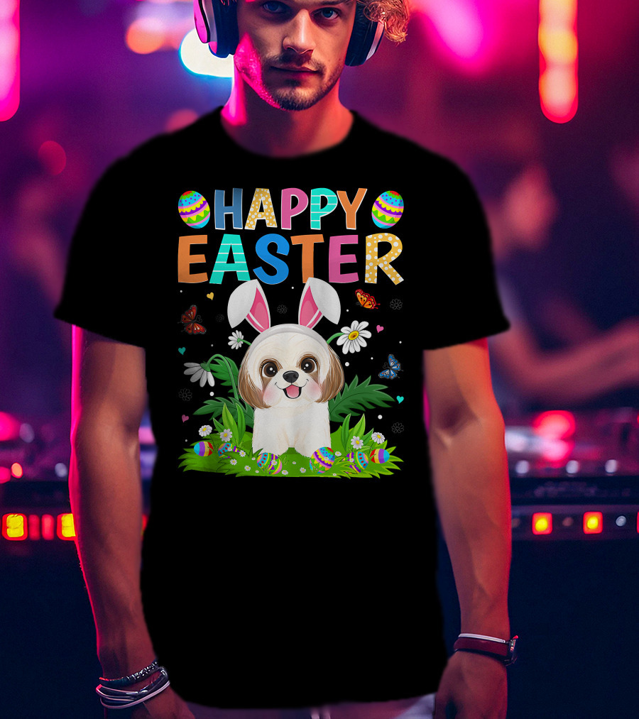 Happy Easter Bunny Shih Tzu Dog With Easter Eggs And Butterflies T-Shirt
