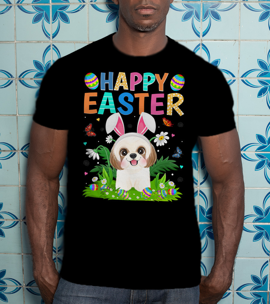 Happy Easter Bunny Shih Tzu Dog With Easter Eggs And Butterflies T-Shirt