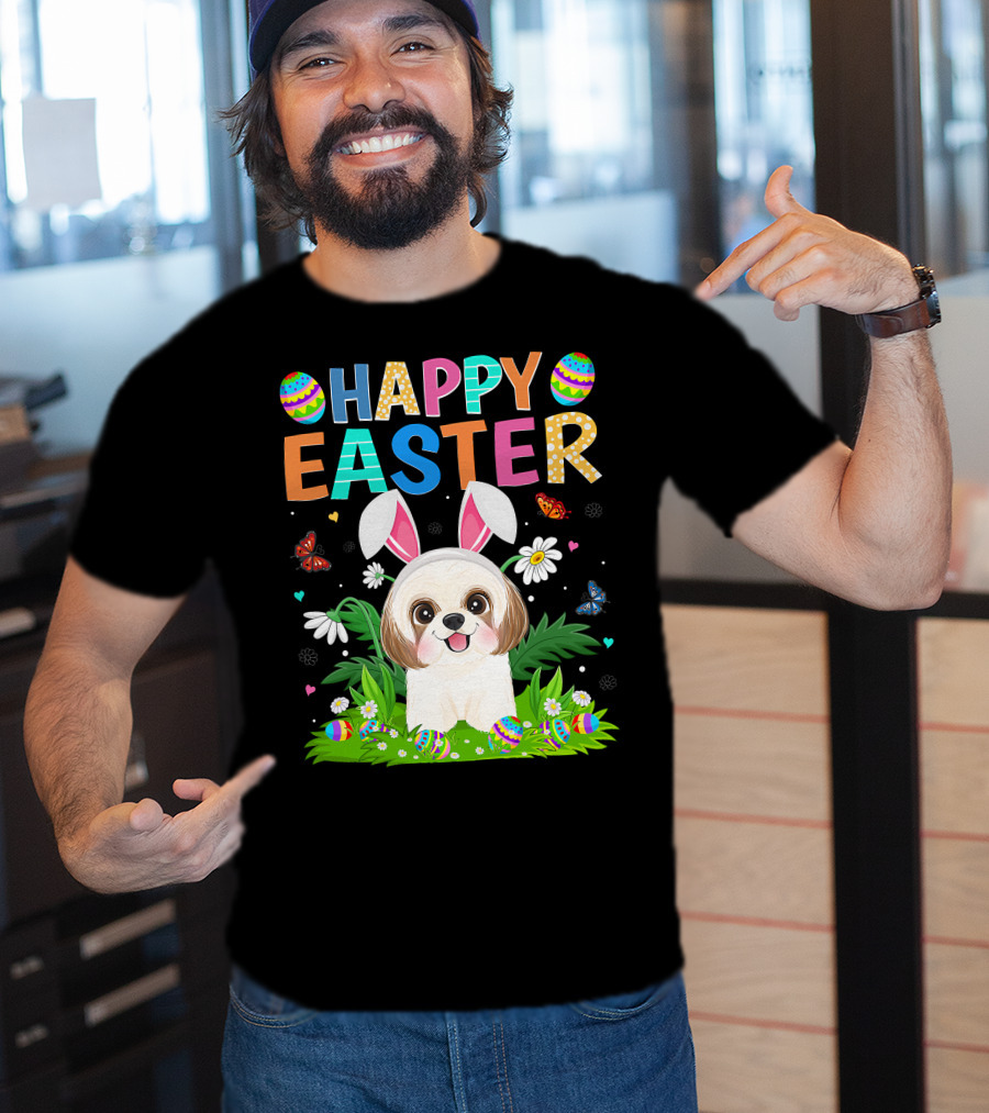 Happy Easter Bunny Shih Tzu Dog With Easter Eggs And Butterflies T-Shirt