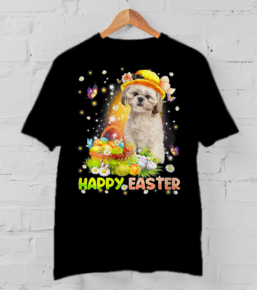 Happy Easter Cute Bunny Dog Shih Tzu With Eggs Basket And Butterflies T-Shirt
