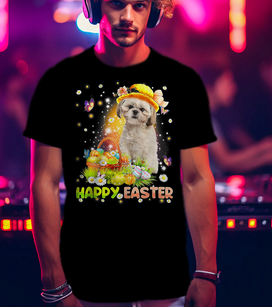 Happy Easter Cute Bunny Dog Shih Tzu With Eggs Basket And Butterflies T-Shirt