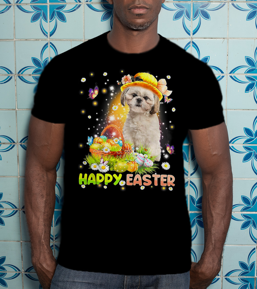 Happy Easter Cute Bunny Dog Shih Tzu With Eggs Basket And Butterflies T-Shirt