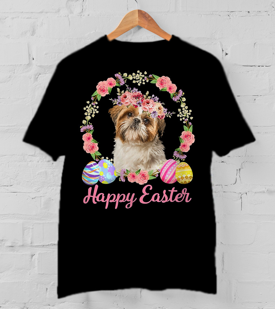 Happy Easter Shih Tzu Dog Flower Wreath With Decorative Eggs T-Shirt
