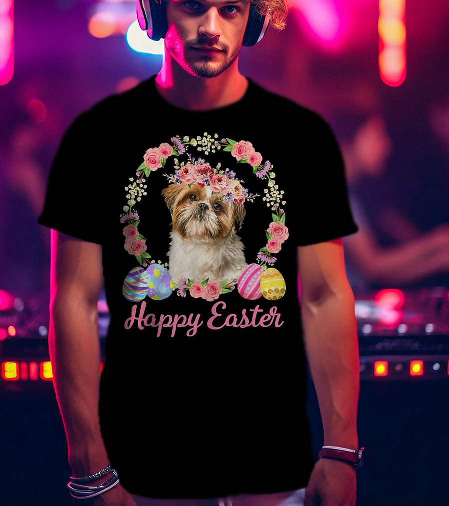 Happy Easter Shih Tzu Dog Flower Wreath With Decorative Eggs T-Shirt