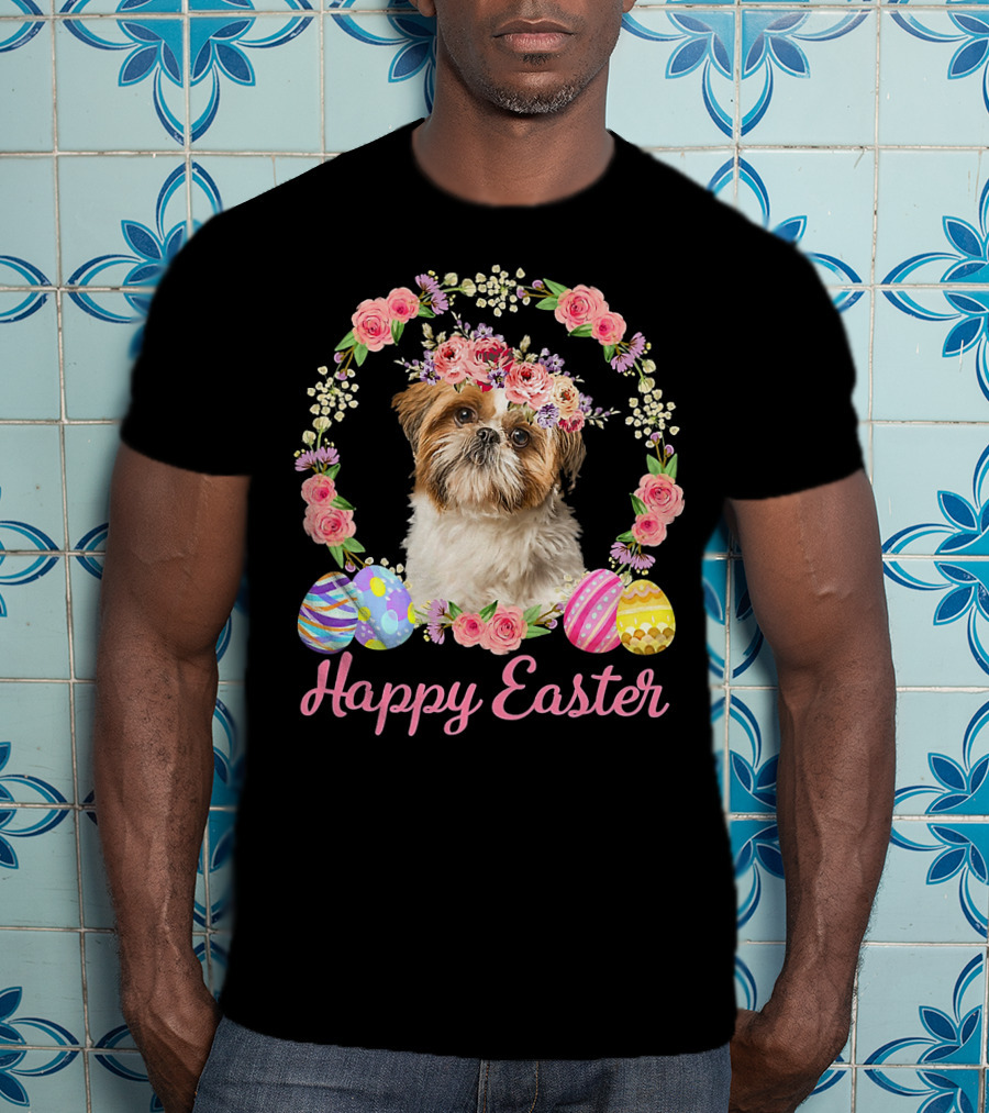 Happy Easter Shih Tzu Dog Flower Wreath With Decorative Eggs T-Shirt