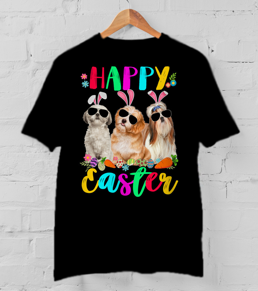 Happy Easter Three Shih Tzu Dogs With Bunny Ears And Sunglasses Eggs Carrots T-Shirt
