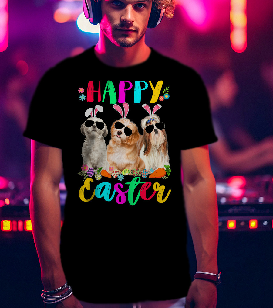 Happy Easter Three Shih Tzu Dogs With Bunny Ears And Sunglasses Eggs Carrots T-Shirt