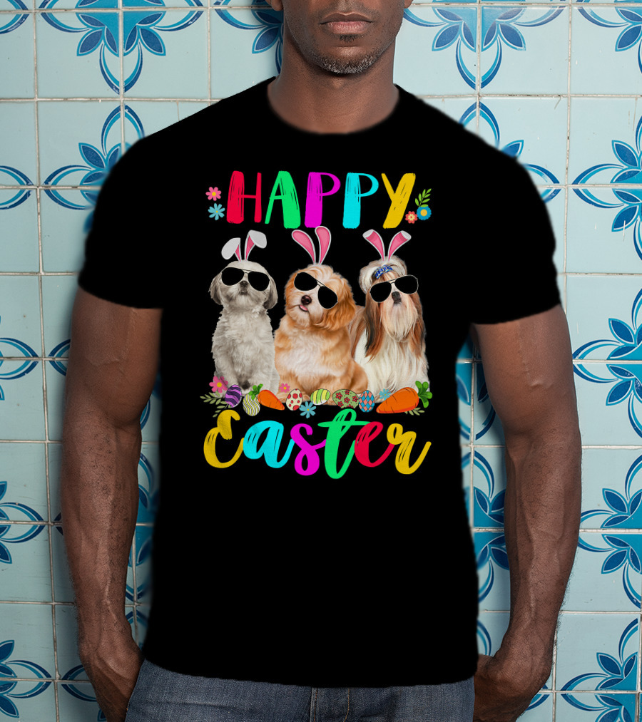 Happy Easter Three Shih Tzu Dogs With Bunny Ears And Sunglasses Eggs Carrots T-Shirt